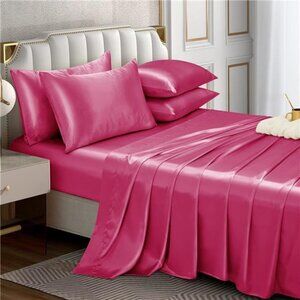 Horbaunal 6 Piece Satin Sheet Set King Size Luxury Silky & Soft Hot Pink Satin